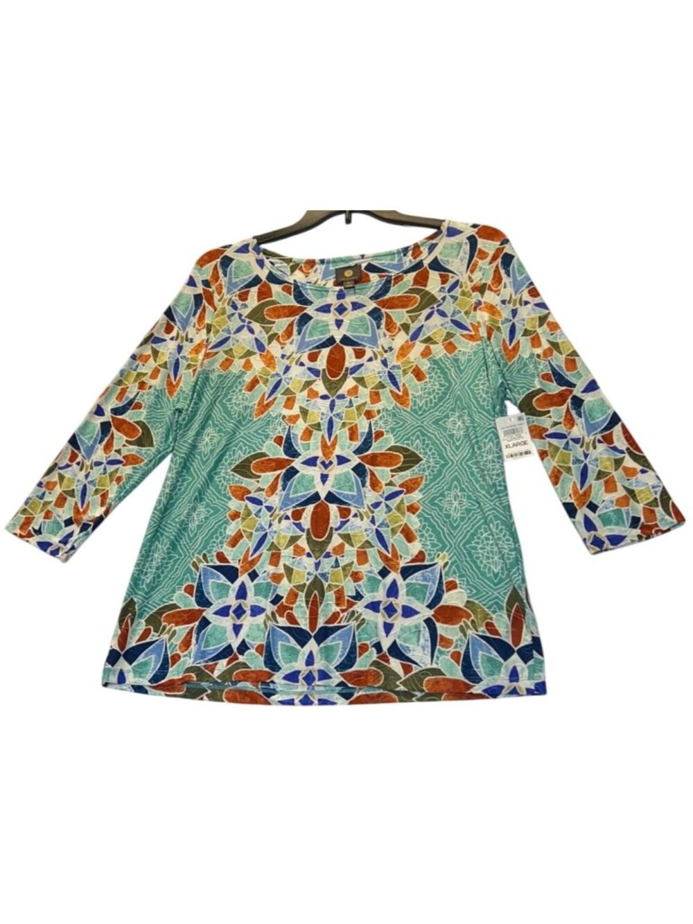 JM Collection Womens XL Jacquard Knit Top Amalfi Blue CB 3/4 Sleeves Floral Geom